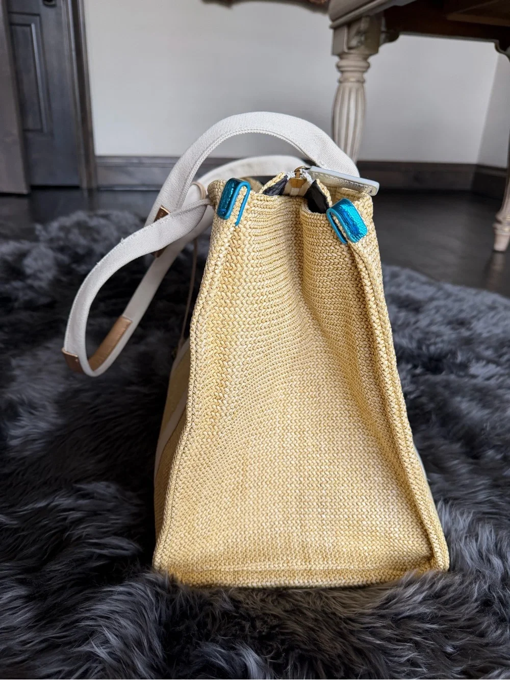 Calling all Beaches! Kurt Geiger Cream Straw Tote with Blue Metallic Logo Patch - Picture 5 of 9